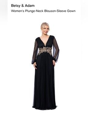 Betsy & Adam Black Plunge-Neck Gown with Gold Floral Waist